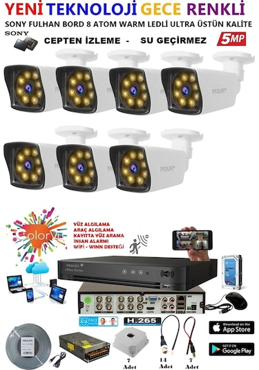 7 Kameralı Gece Renkli 8 Adet Warm Ledli Yeni Nesil 5 Mp Kuruluma Hazır Güvenlik Kamerası Seti