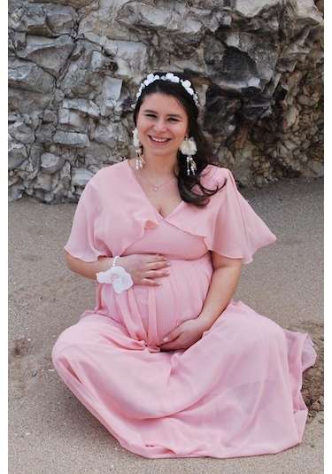Modalabio Moda Labio- Babyshower Melek Kol Hamile Elbisesi Pudra