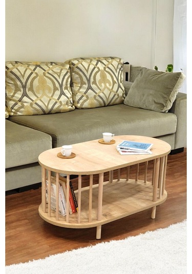 Orta Sehpa Ahşap Ayaklı Sehpa İki Raflı Sehpa Dekoratif Sehpa Gazetelikli Safir Meşe