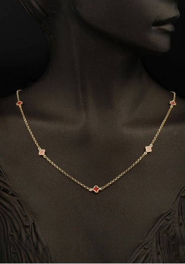 Bilezikci Kırmızı Yoncalı 14 Ayar Altın Kolye Bileklikli Set