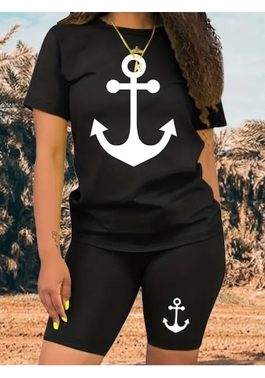 Soonaksesuar Kadın Kısa Kollu Çapa Baskılı Viskon Ikili Takım Siyah