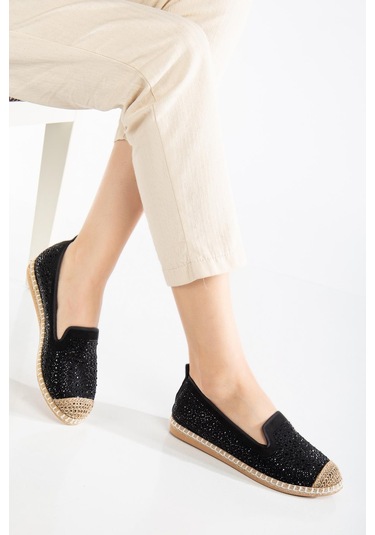 Suins Lujo Model Siyah&ten Taş İşlemeli Kadın Babet Ayakkabı Siyah