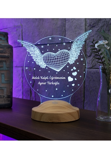 Öğretmenler Günü Hediyesi, Öğretmen Hediyesi Kanatlı Kalp Kişiye Özel Led Lamba