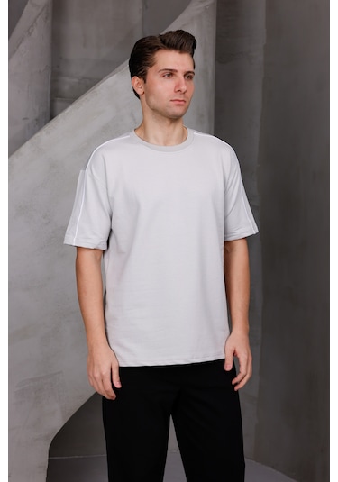 Erkek Şeritli Oversize Bisiklet Yaka 2 İki İplik Kompakt T-shirt Ekru