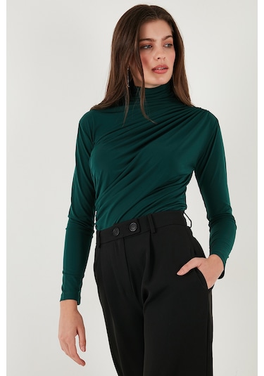 Lela Streç Büzgü Detaylı Slim Fit Dik Yaka Bayan Bluz 669925 Nefti