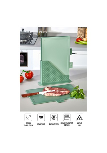 4'lü Tezgah Üstü Dikey Standlı Kesme Tahtası - Çoklu Doğrama Tahtası Ekmek Sebze Et Kesim Panosu Yeşil