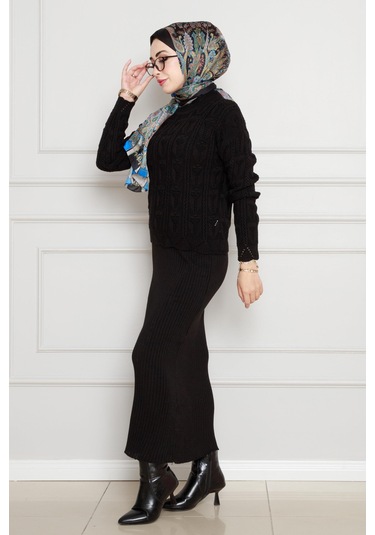 Dantel İşlemeli Jileli Triko Takım-siyah-4434 Siyah