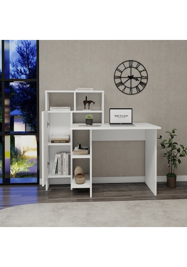 Arnetti Buğra Dolaplı Raflı Çalışma Bilgisayar Masası Beyaz
