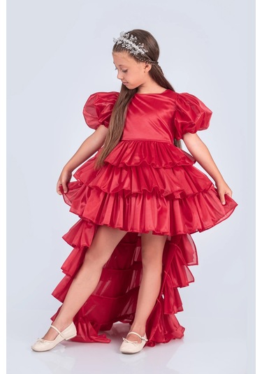 Volanella Taçlı Kız Çocuk Abiye Çift Tarz, Tek Elbise. Kırmızı