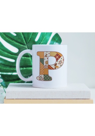 P Harfi Sonbahar Kış Temalı Yamalı Tasarım Kupa Bardak - Etnik Ve Pathwork Severlere Özel Hediye Beyaz