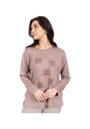 Yeni Sezon Kadın Orta Yaş Ve Üzeri Viskoz Lazer Baskı İşlemeli Lüks Anne Penye Bluz 23350-vizon