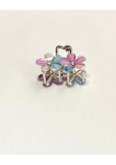 Karışık Renkli Taşlı Çiçek Gümüş Detaylı Metal Mandal Toka 4 Cm Çok Renkli