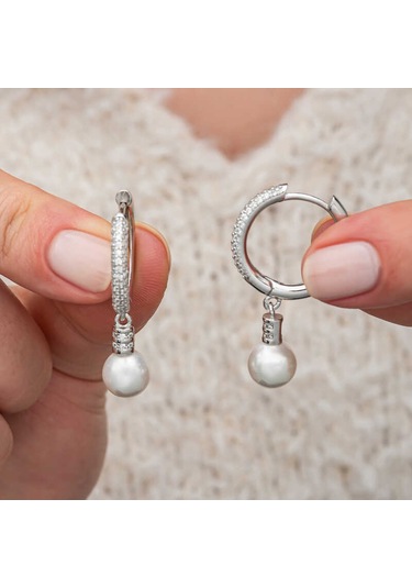 Artsmagazinmücevher Gümüş Zirkon Taşlı Halka İnci Kadın Küpe