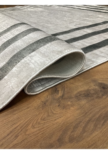 Saraz Halı Çerçeve Model Bambu Yıkanabilir Parlak Halı Gri Çizgi Gri-gri