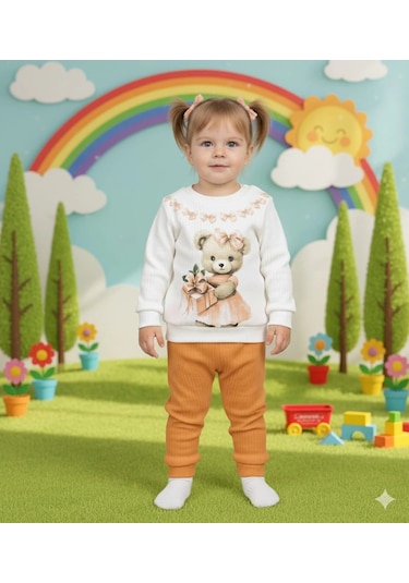 Kız Bebek Ayıcık Baskılı Çıt Çıtlı Alt Üst İkili Gündelik Takım Hardal