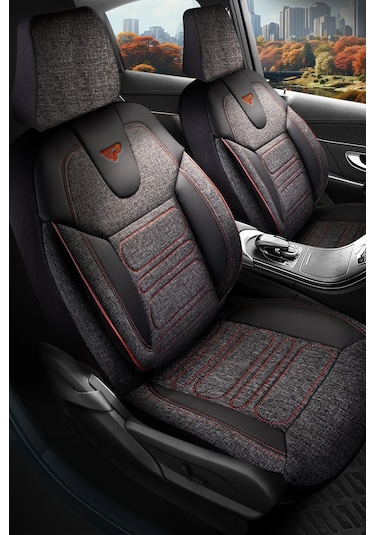 Siyah - Kırmızı Panda Atlanta Serisi Keten Kumaş Oto Koltuk Kılıfı - Tam Set