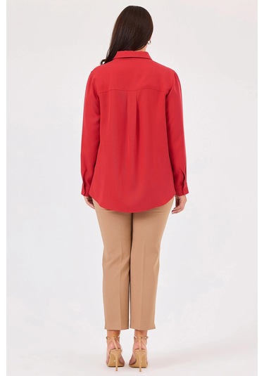 Galaxi Kadın Büyük Beden Taş Detaylı Düğmeli Gömlek 4020 Kırmızı Kırmızı