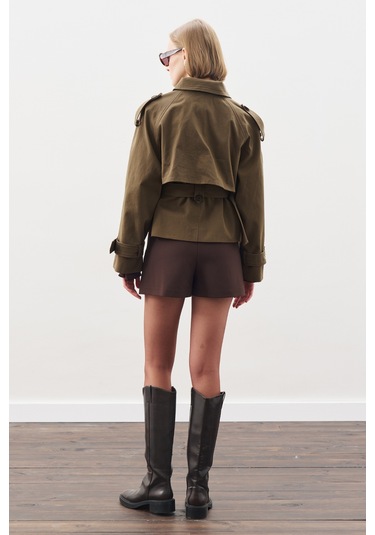 Kemerli Kısa Trençkot Haki Haki