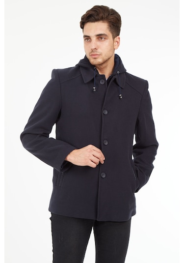 Sposo 1704 Çıkma Kapşonlu Yün Kaşe Lacivert Erkek Kaban Lacivert