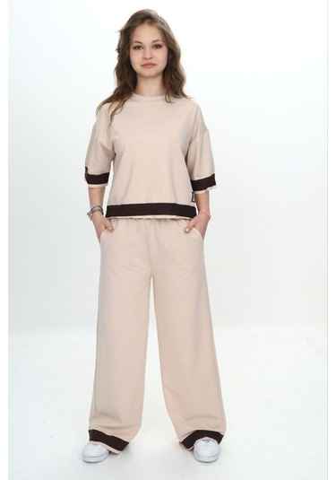 Kız Çocuk %100 Pamuk Kısa Kollu Garnili Truvakar Kol 2 İplik Alt&üst Eşofman Takımı-285-eşt-0011 Bej