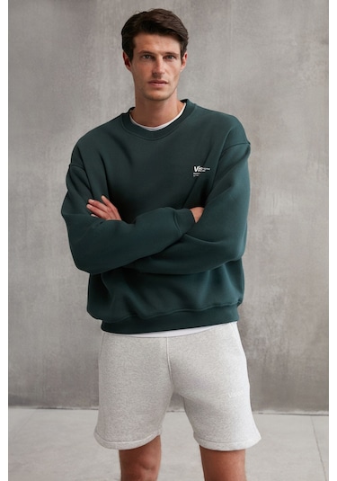 Ernest Erkek Organik Pamuklu Yumuşacık Baskı Detaylı Bisiklet Yaka Içi Polarlı Koyu Yeşil Sweatshirt