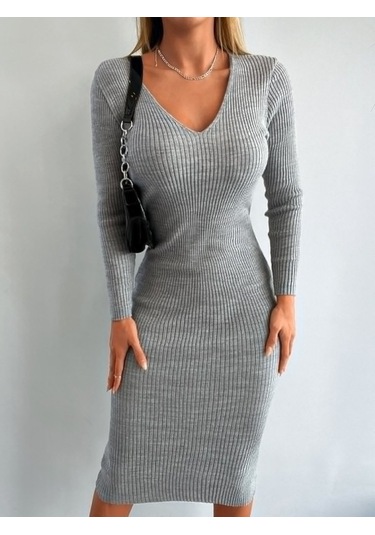 Nnstartshopping Kadın Uzun Kollu V Yaka Triko Elbise Gri