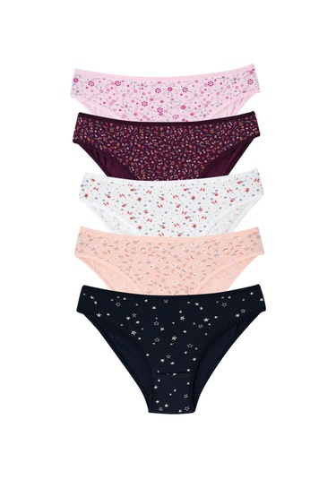 Karışık Renkli 5'li Paket Kadın Desenli Külot Pamuklu Likralı Esnek Kumaş Desenli