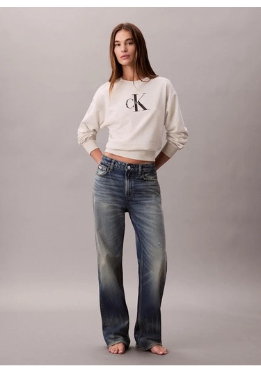 Calvin Klein Jeans Monologo Uzun Kollu Rahat Kesim Penye Bisiklet Yaka Kadın Gri Sweatshirt Lv047b23 Gri