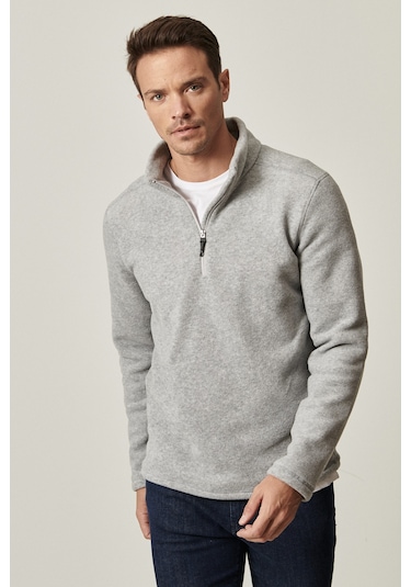 AC&Co / Altınyıldız Classics  Erkek Grı Anti-pilling Tüylenme Yapmayan Standart Fit Dik Yaka Polar Sweatshirt Grı Gri