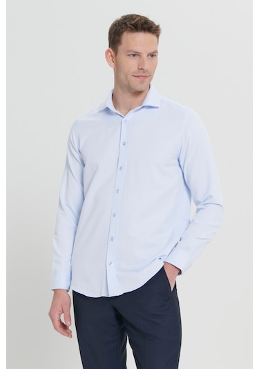 AC&Co / Altınyıldız Classics Erkek Mavi Kolay Ütülenebilir Slim Fit Dar Kesim İtalyan Yaka Armürlü Gömlek Mavi