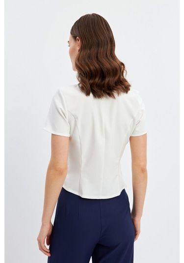 Stella Pulvis Beyaz Fermuarlı Slim Fit Kuplu Bluz Beyaz