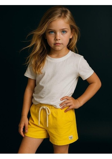 Kız Çocuk Pamuklu Cepli Şort-15982 Sarı