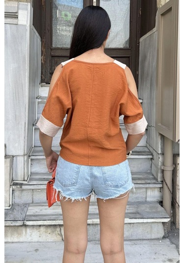 Kadın Kiremit Omuz Dekolteli Kısa Kol, Salaş Keten Bluz Kiremit