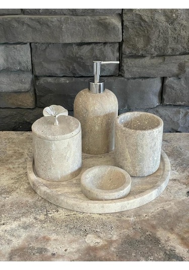 Yeni Silver Gümüş Traverten Mermer 5'li Banyo Seti Beyaz