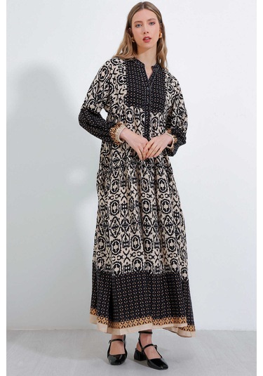 Gabria Ön Düğmeli Desenli Viskon Elbise Siyah - Bej