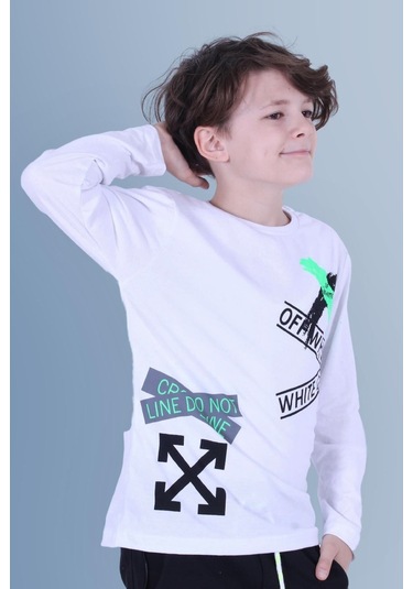 X Baskılı Uzun Kollu Erkek Çocuk Beyaz Sweatshirt Beyaz