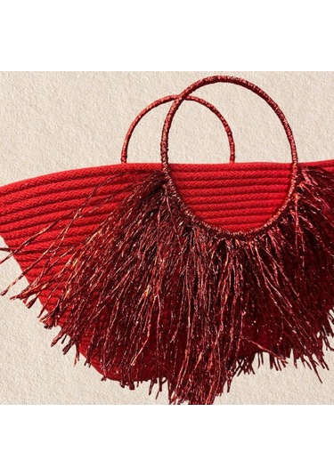 Uretti - Ayşe 4723 2151 El Yapımı Tress İp Yuvarlak Metalik İp Saplı Püskül Detaylı Plaj Çantası - Kırmızı Kırmızı