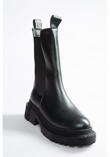 Fox Shoes T652449009 Siyah Kalın Tabanlı Kadın Bot Siyah-Suni Deri Siyah