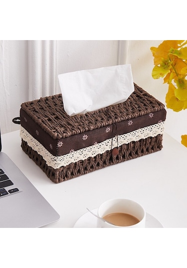 Kahve-yaratıcı El Yapımı Rattan Doku Kutusu Ev Kağıt Saklama Sepeti Ev Dekorasyon Haki Çiçek Tarzı 1 Adet