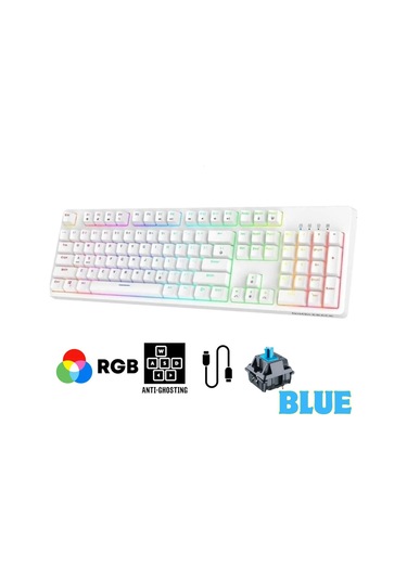 Beyaz Rgb Mavi Switch Q Gaming Tam Mekanik Kablolu Oyuncu Klavyesi Bkb4