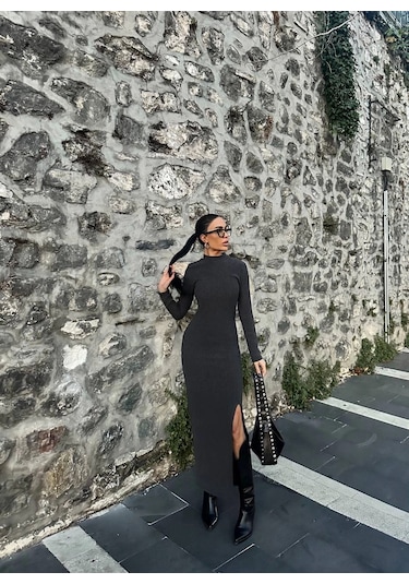 Yırtmaçlı Kalın Bürümcük Uzun Elbise Siyah Siyah