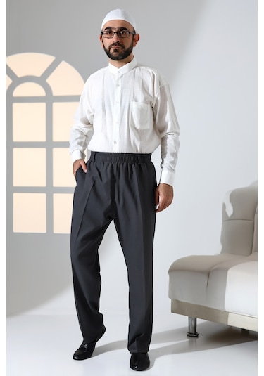 Erkek Rahat Kesim Beli Lastikli Cepli Hac Ve Umre Kumaş Şalvar Pantolon - Füme İsr Füme