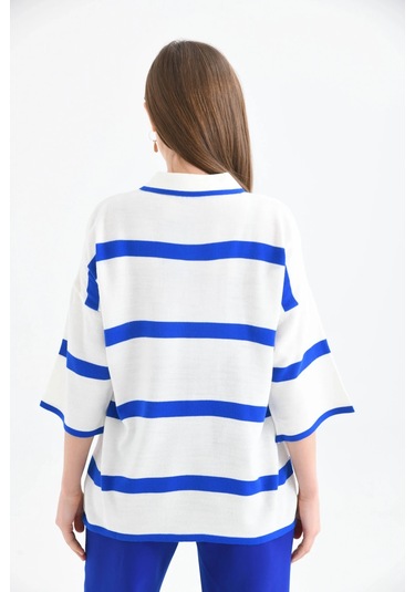 Polo Yaka Fermuarlı Çizgili Salaş Mevsimlik Trko Kazak Saks Saks Mavisi