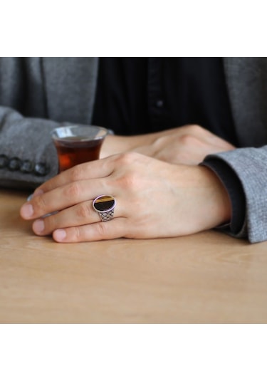 925 Ayar Gümüş Örgü Desen Düz Kaplan Gözü Taşlı Erkek Yüzük - 516126941