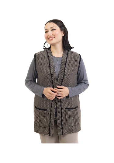 Kadın Orta Yaş ve Üzeri Triko Örgü Minik Baklava Desen Düğmesiz Anne Yelek 332 - L Siyah