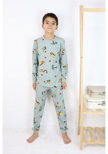 Erkek Çocuk Baskılı İnterlok Kumaş Uzun Kollu Pijama Takımı Açık Yeşil