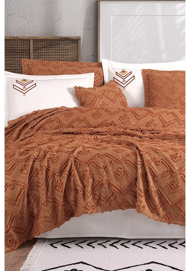 İyi Geceler İstanbul Aztec Kiremit Çift Kişilik %100 Pamuk Yatak Örtüsü Seti Kiremit