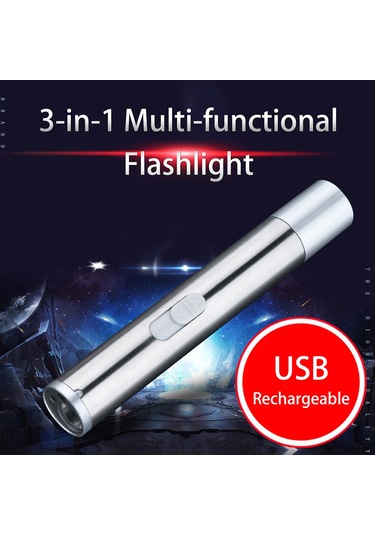 Hombey Alüminyum Tıbbi El Feneri Usb Şarjlı - 3 Fonksiyon: Beyaz Işık, Kızılötesi Lazer, Mor Para Kontrol Işığı Gümüş