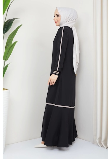 Siyah Kol Ribanalı Şeritli Medine Ipeği Ferace Siyah