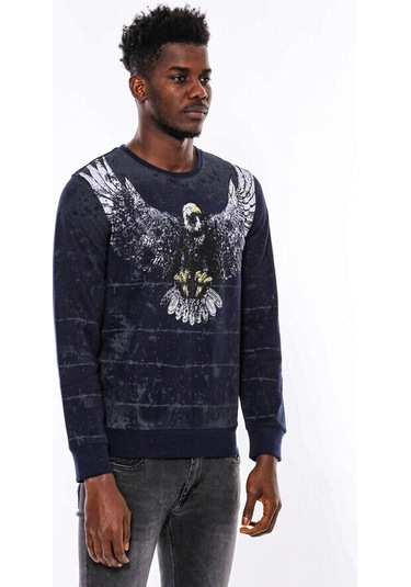 Lacivert Taşlı Desenli Sweatshirt - Wessi Siyah